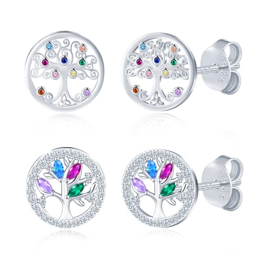 MICGIGI Damen 925 Sterling Silber Ohrringe Bunte Zirkonia Baum-Muster Ohrstecker Set von MICGIGI