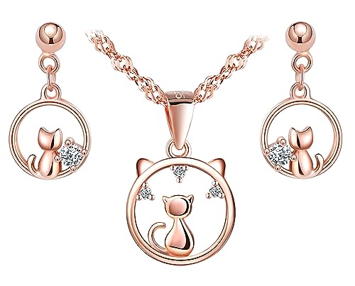 MICGIGI Damen 925 Sterling Silber Ohrringe Halskette Schmuckset Cubic Zirkonia Katzen-Design Anhänger Halskette und Ohrringe von MICGIGI