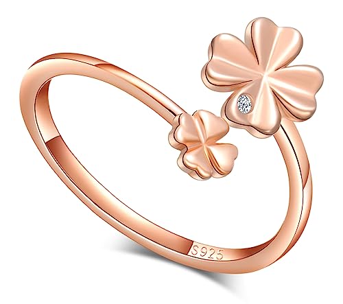 MICGIGI Damen 925er Sterling Silber Offener Ring Vierblättriges Kleeblatt Verstellbarer Ring Roségold von MICGIGI