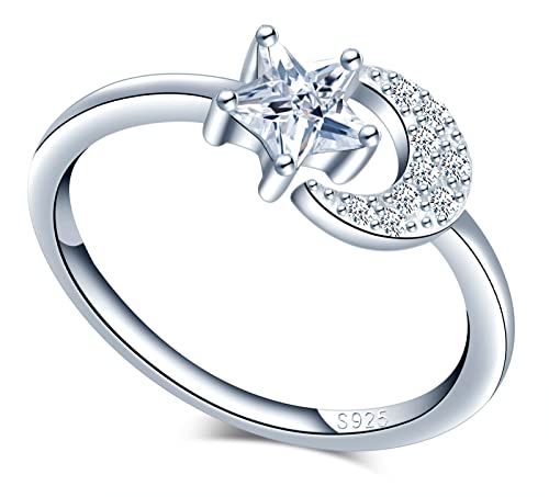 MICGIGI Damen 925er Sterling Silber Ring Sterne und Mond Verstellbarer Ring mit Zirkonia von MICGIGI