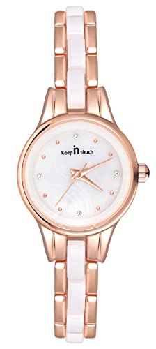 MICGIGI Damen Quarz Armbanduhr Keramisch Weiß Rund Analog Uhr mit Einfaches Zifferblatt Legierungs Edelstahl Armband von MICGIGI