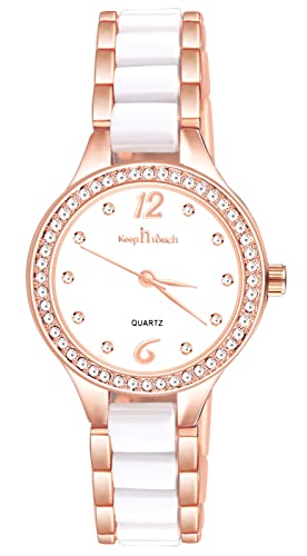 MICGIGI Damen Quarz Armbanduhr Keramisch weiß Rund Analog Uhr mit Einfaches Zifferblatt,Legierungs Edelstahl Armband von MICGIGI