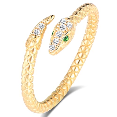 MICGIGI Damen Ring 925er Sterling Silber Offener Ring Retro Zirkonia Schlangen Gestaltung Verstellbarer Ring Finger Ring(Gold) von MICGIGI
