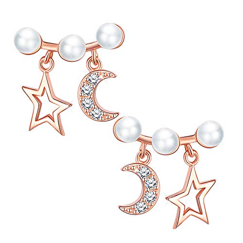 MICGIGI-Damen Stern und Mond Perlenohrringe aus 925 Sterling Silber Ohrstecker Ohrringe mit Zirconia von MICGIGI