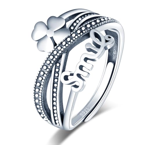 MICGIGI Damen Verstellbarer Ring 925er Sterling Silber Finger Ring Retro Muti-Schicht Vierblättriges Kleeblatt Offener Ring von MICGIGI