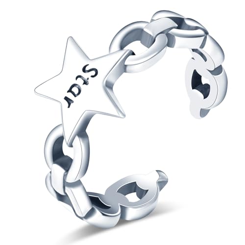 MICGIGI Damen Verstellbarer Ring 925er Sterling Silber Finger Ring Retro Stern Gestaltung Offener Ring von MICGIGI