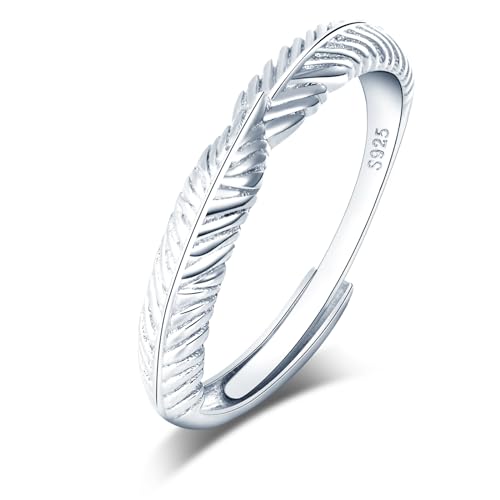 MICGIGI Damen Verstellbarer Ring 925er Sterling Silber Offener Ring Feder Gestaltung Finger Ring (A Stil) von MICGIGI