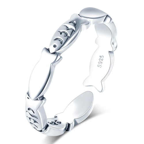MICGIGI Damen Verstellbarer Ring 925er Sterling Silber Offener Ring Retro Fisch Gestaltung Finger Ring von MICGIGI