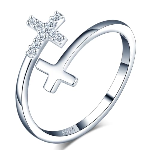 MICGIGI Damen Verstellbarer Ring 925er Sterling Silber Offener Ring Zirkonia Doppelkreuz Gestaltung Finger Ring von MICGIGI