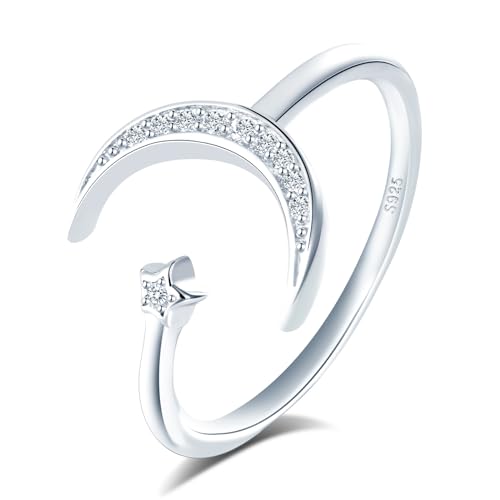 MICGIGI Damen Verstellbarer Ring 925er Sterling Silber Offener Ring Zirkonia Stern und Mond Gestaltung Finger Ring von MICGIGI