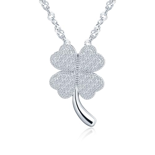 MICGIGI Damen Vierblättriges Kleeblatt Form 925 Sterling Silber Halskette Cubic Zirkonia Anhänger Halskette,Silber von MICGIGI