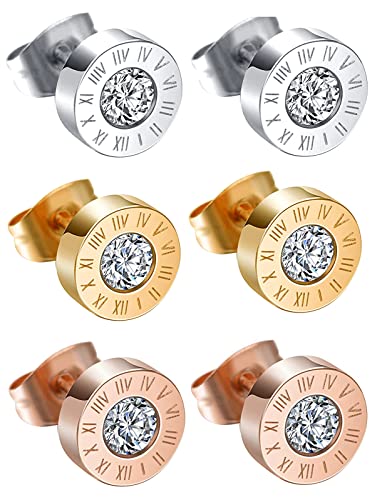 MICGIGI Herren Damen 8MM Runde Edelstahl Ohrringe-Set Römischen Ziffern Ohrstecker mit ZirKonia von MICGIGI