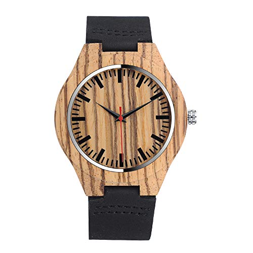 MICGIGI Herren Damen Geschäft Quarz Holzuhr Zebra Bambus Holz Armbanduhr mit Schwarz Leder Armband von MICGIGI