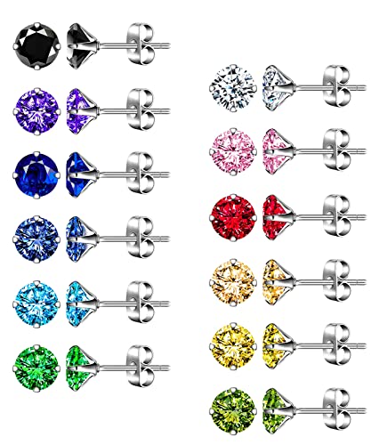 MICGIGI Herren Damen Mode Edelstahl Ohrringe Runde Zirkonia Ohrringe Ohrstecker 12 Farben von MICGIGI
