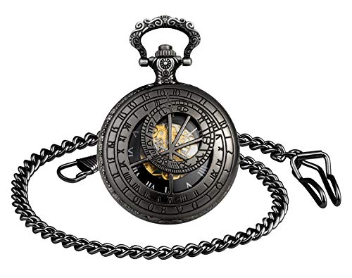 MICGIGI-Unisex Taschenuhr mit Kette Analog Handaufzug 12 Konstellation Hohlen Mechanische Taschenuhren Schwarz von MICGIGI