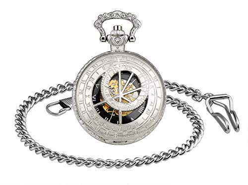 MICGIGI-Unisex Taschenuhr mit Kette Analog Handaufzug Hohlen Mechanische Taschenuhren Silber von MICGIGI
