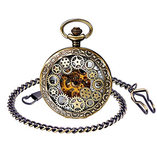 MICGIGI-Unisex Taschenuhr mit Kette Analog Handaufzug Retro Gang Hohlen Mechanische Taschenuhren Bronze von MICGIGI