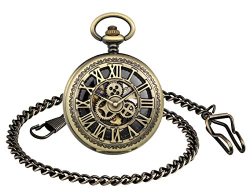 MICGIGI-Unisex Taschenuhr mit Kette Analog Handaufzug Retro Gang Hohlen Mechanische Taschenuhren Bronze von MICGIGI