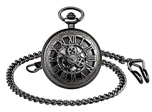 MICGIGI-Unisex Taschenuhr mit Kette Analog Handaufzug Retro Gang Hohlen Mechanische Taschenuhren Schwarz von MICGIGI