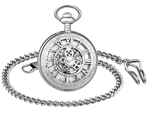 MICGIGI-Unisex Taschenuhr mit Kette Analog Handaufzug Retro Gang Hohlen Mechanische Taschenuhren Silber von MICGIGI