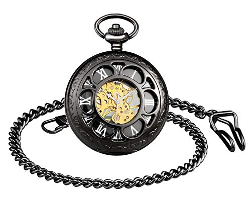 MICGIGI-Unisex Taschenuhr mit Kette Analog Handaufzug Ziffern Retro Windmühle Hohlen Mechanische Taschenuhren von MICGIGI