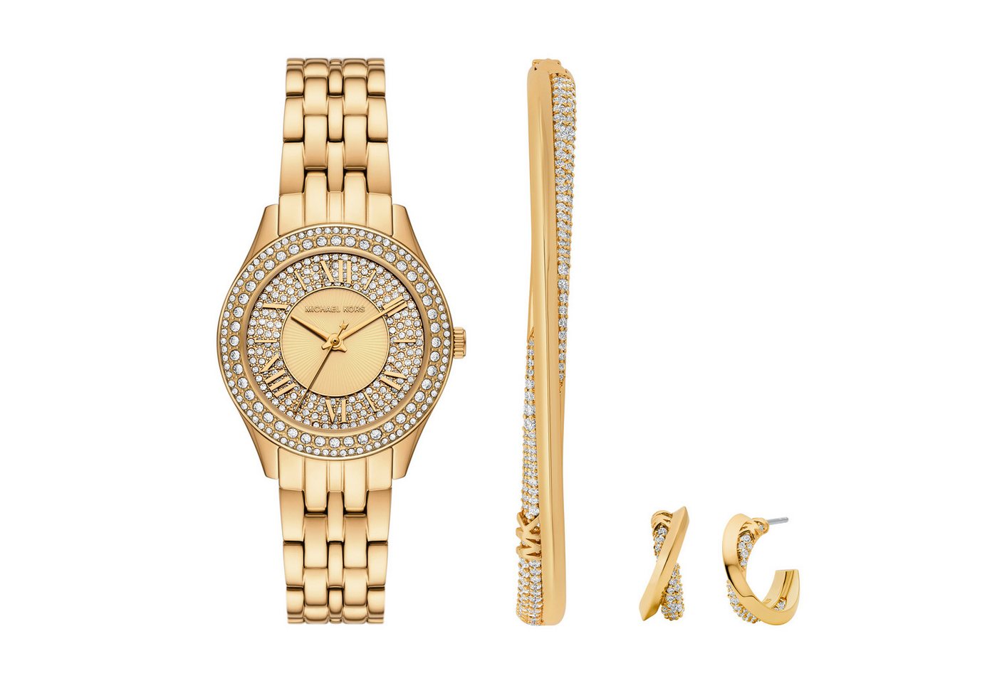 MICHAEL KORS Quarzuhr HARLOWE MK4974SET, (Set, 4-tlg., Uhr mit Armreif und ein Paar Steckcreolen), Armbanduhr, Damenuhr, Edelstahlarmband, Ideal auch als Geschenk von MICHAEL KORS