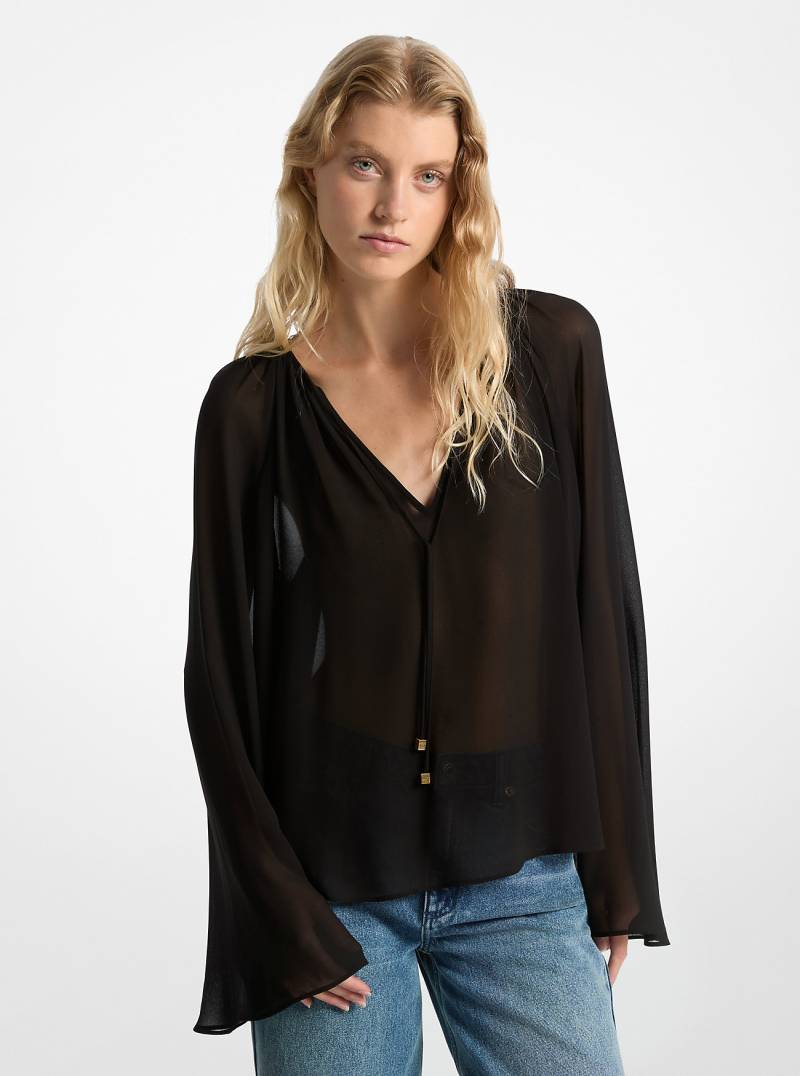 MK Bluse Aus Georgette Mit V-Ausschnitt - Schwarz - Michael Kors von MICHAEL Michael Kors