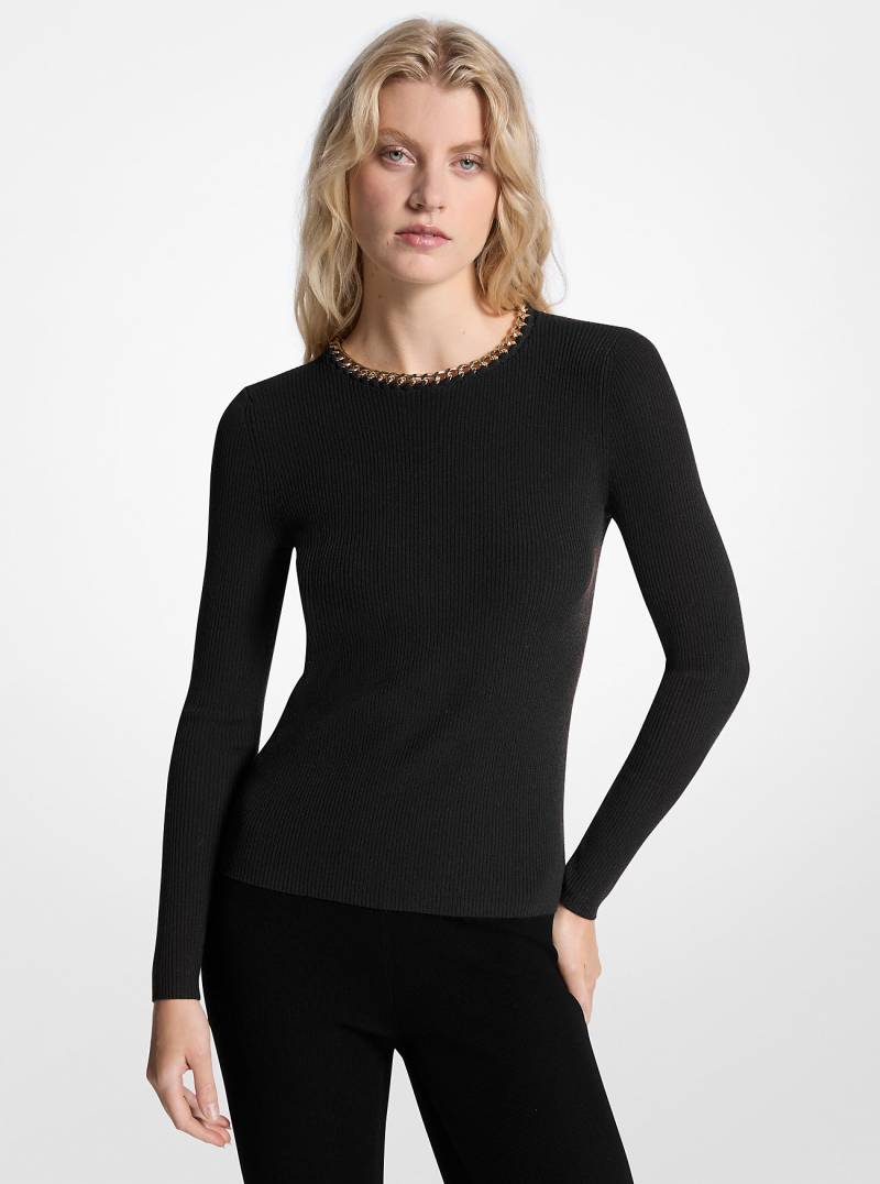 MK Gerippter Pullover Aus Viskosemischung Mit Kettendetail - Schwarz - Michael Kors von MICHAEL Michael Kors