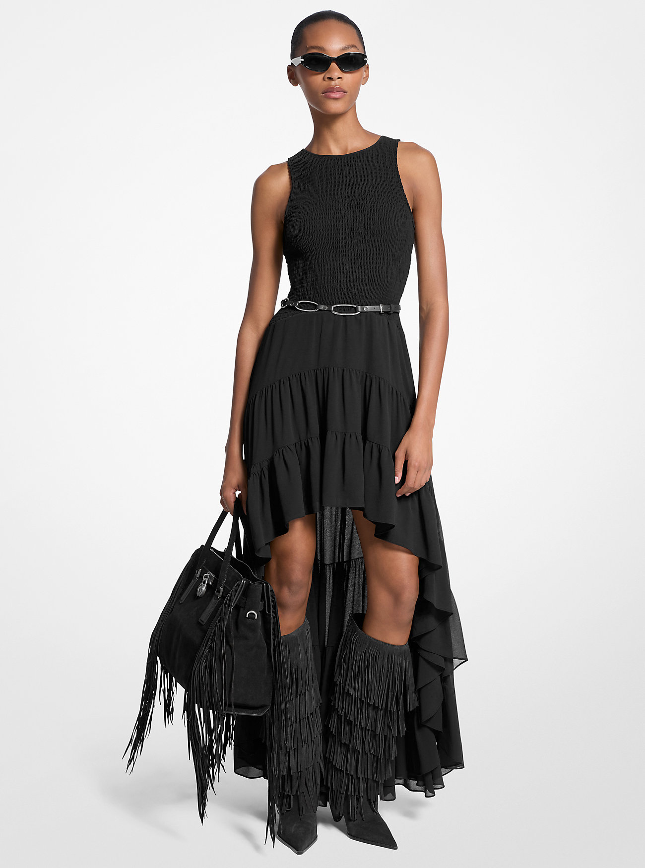MK Gesmoktes High-Low-Kleid Aus Georgette - Schwarz - Michael Kors von MICHAEL Michael Kors