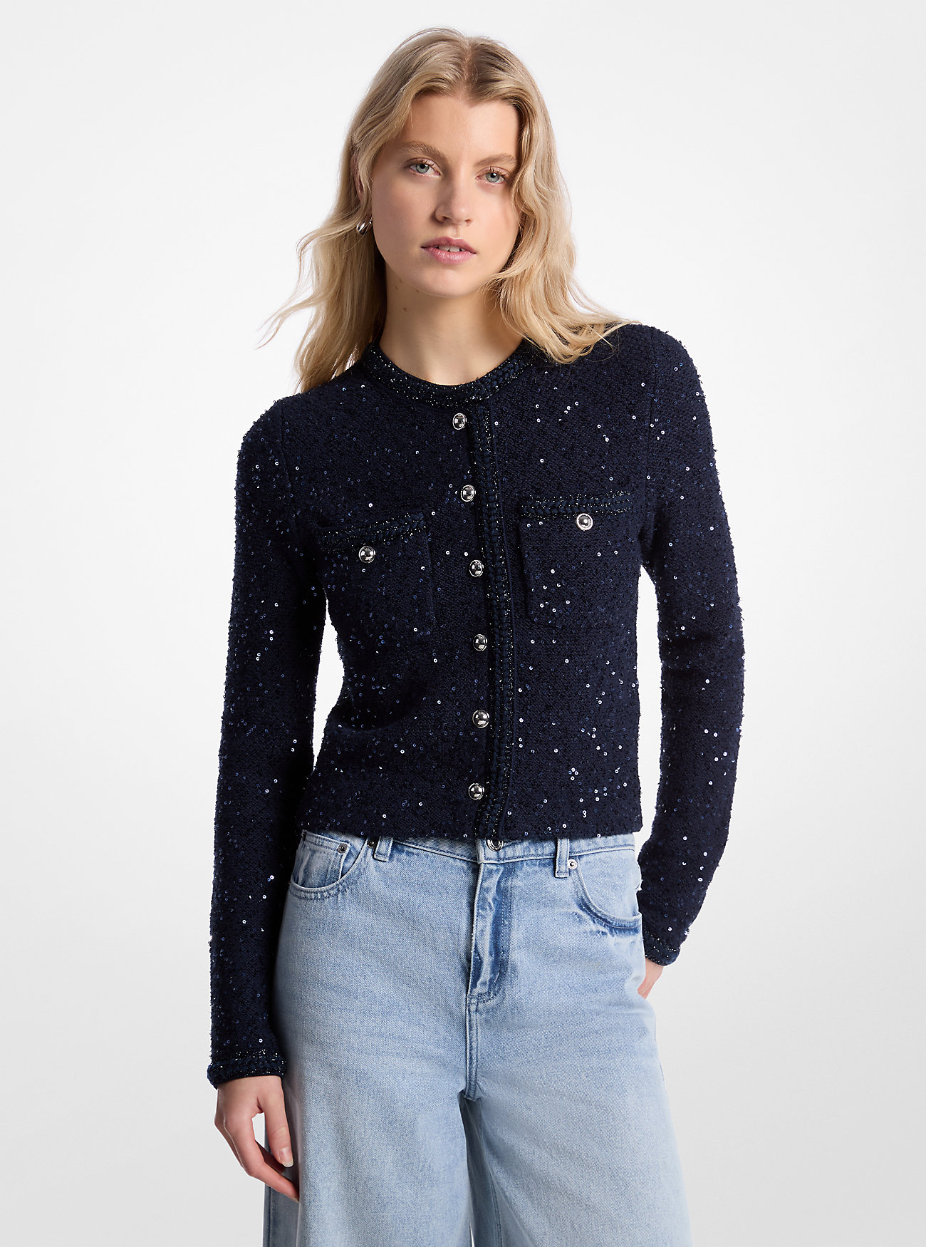 MK Jacke Aus Stretch-Strick In Metallic-Optik Mit Pailletten - Blau - Michael Kors MK Jacke Aus Stretch-Strick In Metallic-Optik Mit Pailletten - Blau - Michael Kors von MICHAEL Michael Kors