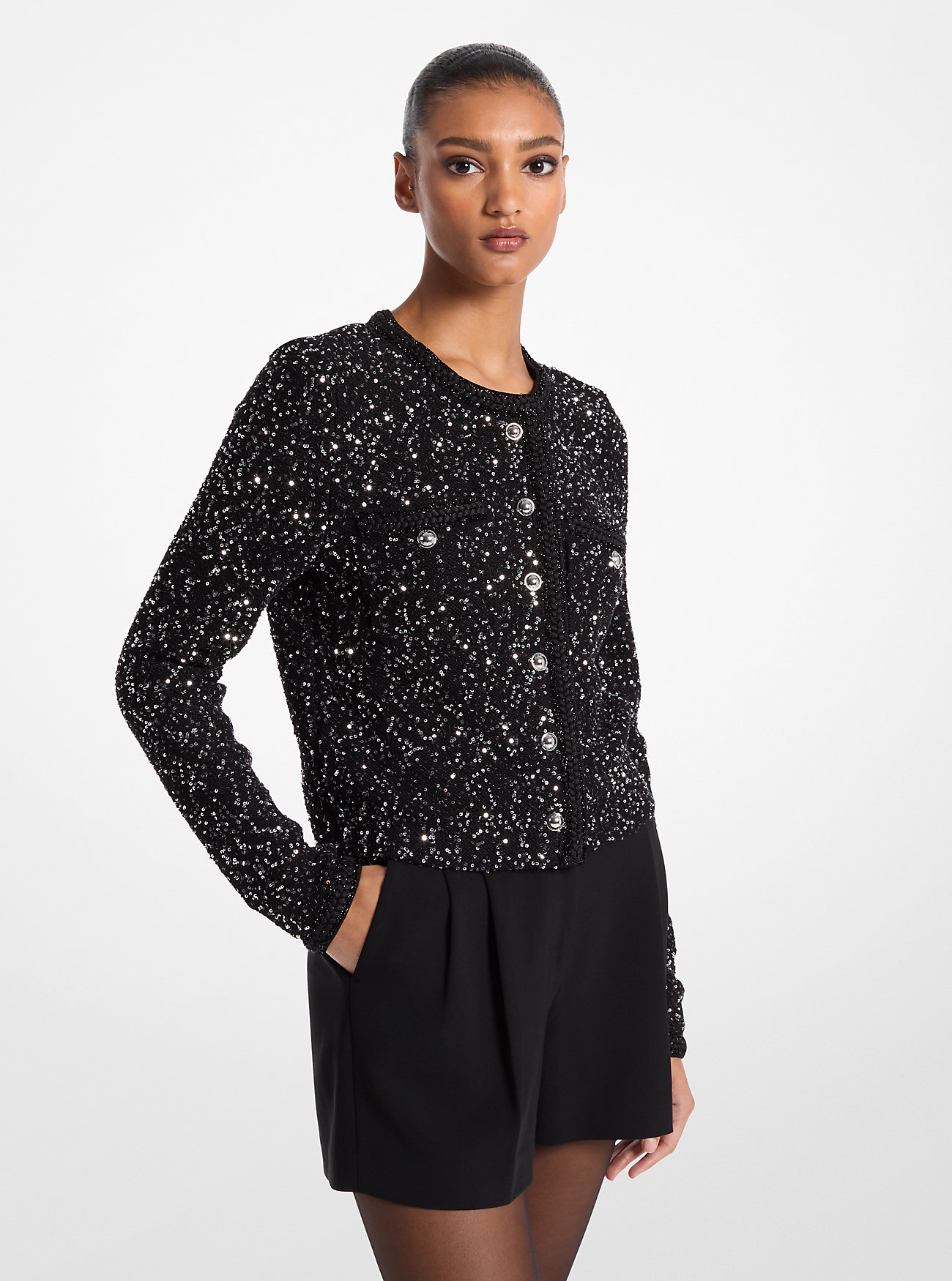 MK Jacke Aus Stretch-Strick In Metallic-Optik Mit Pailletten - Silberton - Michael Kors MK Jacke Aus Stretch-Strick In Metallic-Optik Mit Pailletten - Silberton - Michael Kors von MICHAEL Michael Kors