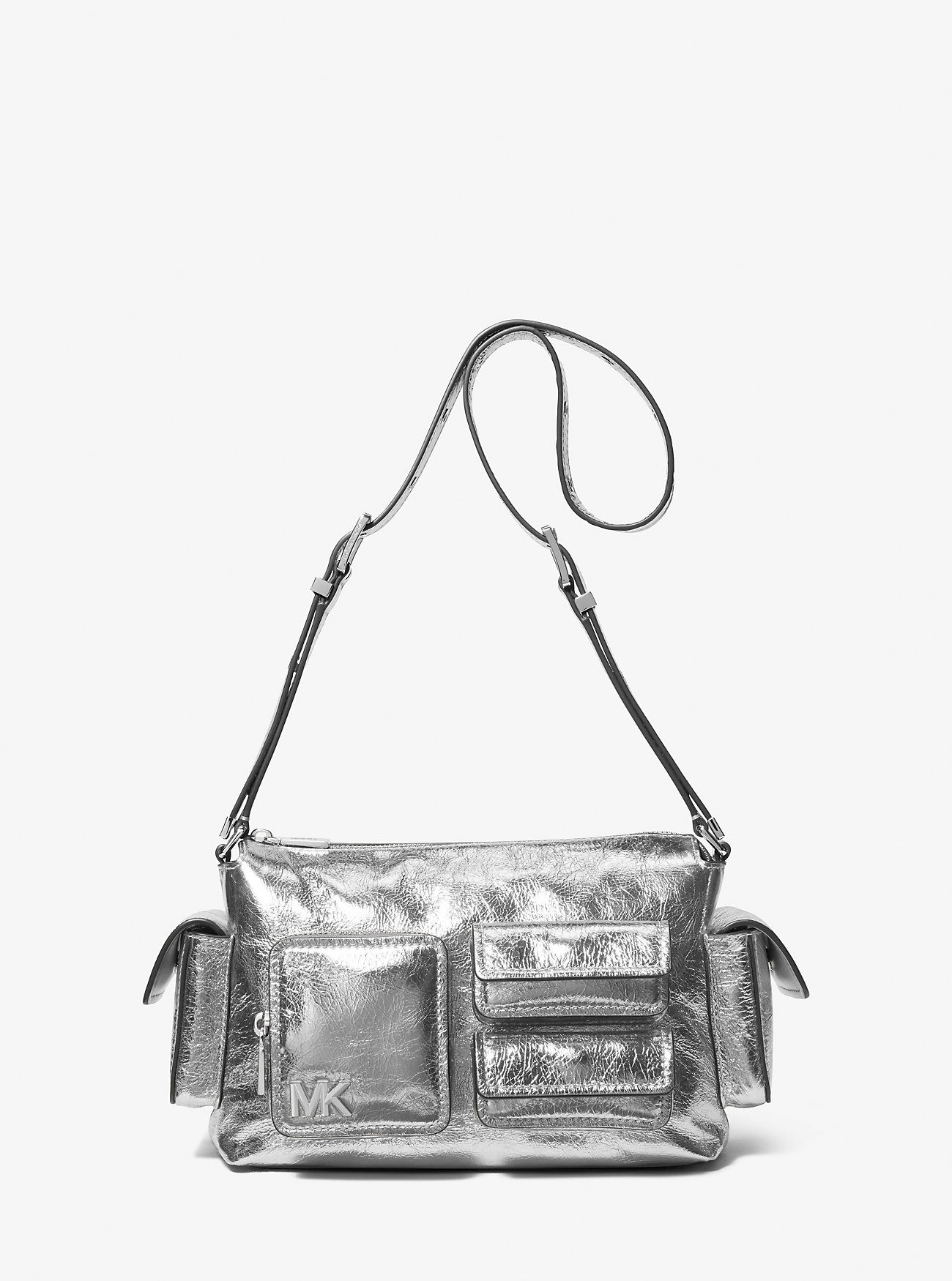 MK Schultertasche Dakota Medium Aus Leder In Metallic-Krakelee-Optik - Silberton - Michael Kors von MICHAEL Michael Kors