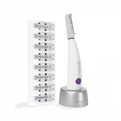 Michael Todd Beauty Sonicsmooth Dermaplane Rasierer für Frauen Gesicht + Augenbrauentrimmer Dermaplaning System – Pfirsich-Fusselentferner – 8 Wochen Dermaplaning-Klingen von MICHAEL TODD