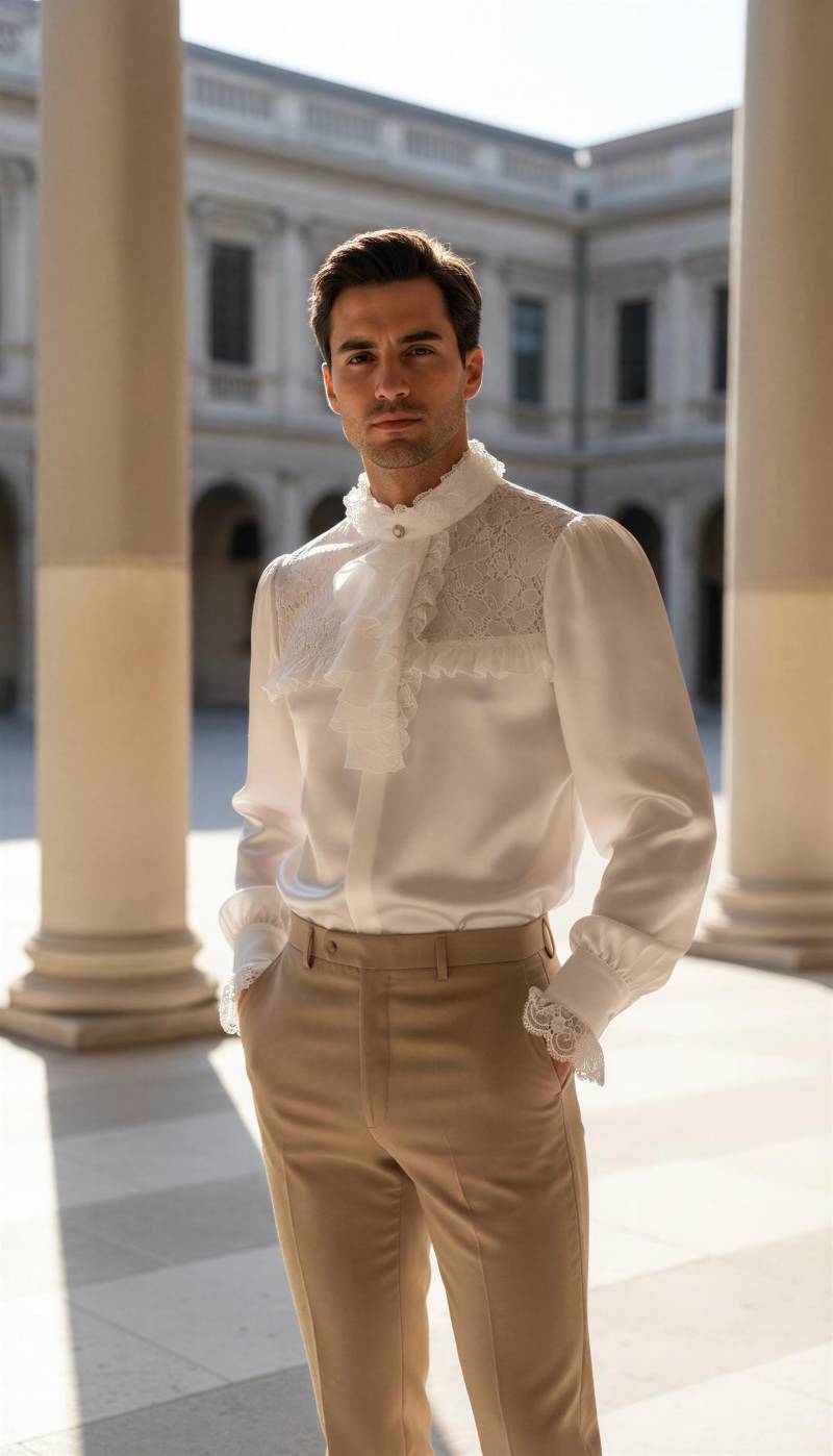 Weiße Gemusterte Satin-Spitze Rüschen Details Shirt in Herren-Größen S M L Xl 2Xl 3Xl von MICHAELNIKfashion