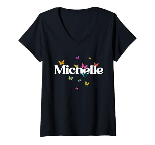 Damen Michelle - Schöner Mädchen Name mit bunten Schmetterlingen T-Shirt mit V-Ausschnitt von MICHELLE Tochter Enkel Geburtstag Geschenkideen