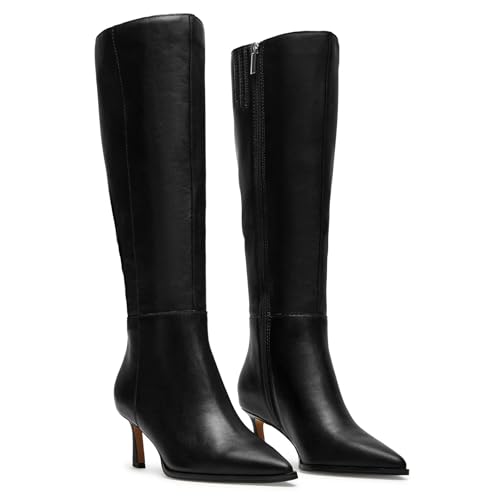 MICIFA Kniehohe Stiefel mit Kätzchenabsatz, seitlicher Reißverschluss, hohe Lederstiefel, spitzer Zehenbereich, Herbstkleid, Burgunderrot, Schwarz, 38.5 EU von MICIFA