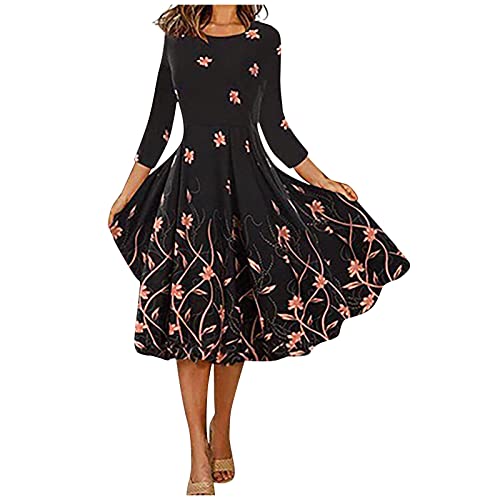 1920 Kleider Damen,Elegante Kleider Damen Abendkleider Elegant Für Hochzeit Kleider Vorne Kurz Hinten Damen Casual Floral Print Rundhalsausschnitt 3/4 Ärmel Frühling Herbst Kleider (Rose Gold,M) von MICKURY