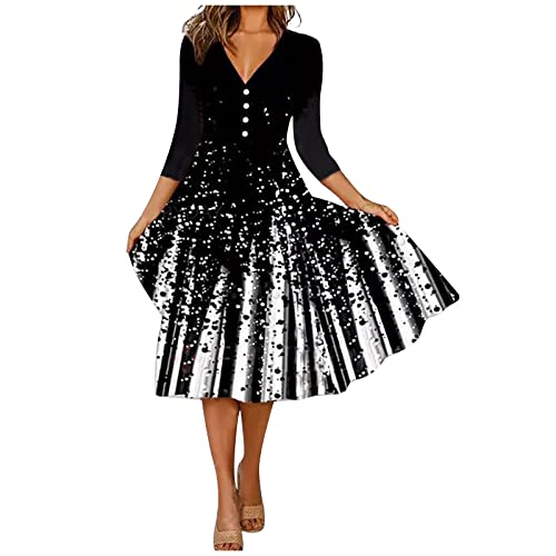 Abend Kleider Lange Hochzeit,Mini Kleider Damen Sexy Kurz Festliches Abendkleid Figurbetonte Kleider Damenmode V-Ausschnitt Bedruckte Knöpfe Elegantes Dreiviertel-Ärmel Swing (Schwarz,5XL) von MICKURY