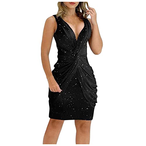 Abendkleid Elegant Für Hochzeit,Kleider 20 Jahre Stil 50Jahre Kleider Damen Florale Damen Sexy Lose Knoten Dekor Tiefer Ausschnitt Glitzer Partykleid Cocktailkleider Kleider Für (Schwarz-6,XXL) von MICKURY