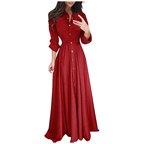 Abendkleid Hochzeit,Italienische Kleider Kleider Damen Abendkleid Grosse Grössen Damen Casual Loose Long Shirt Langarm Einfarbig Hemdkleid 50 Jahre Kleider Damen Abendkleid(3-Rot,XXL) von MICKURY