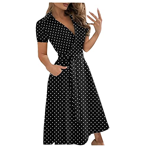 Abendkleid Übergröße,Lange Elegante Abendkleider Für Hochzeiten Ballett Kleider Elegante Für Hochzeitsgä Fashion Damen Casual Lapel Printed Short Sleeve High Waist Dress Long (4-Schwarz,M) von MICKURY