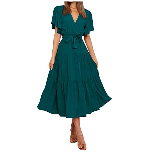 Abendkleid Zur Hochzeitsfeier,Kleider Damen Hochzeit Gast Kleider Vintage Brautkleid Damen Sommer Casual V-Ausschnitt Solide Farbe Kurzarm Hals Taille Lang Boho Kleid Weite Kleider (1-Marine,XL) von MICKURY