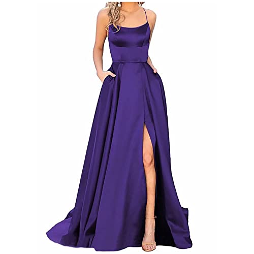 Abendkleider Elegant,Abendkleid ße Größ Damen 50Iger Jahre Kleider Damen Abendkleid Mintgrün Lange Ballkleider Elegant Neckholder Rückenlos Kleider A-Linie Criss-Cross Satin Spaghetti (Lila,XS) von MICKURY