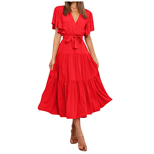 Abendkleider Elegant,Lange Abendkleider Elegant Für Hochzeit Damen Sommer Casual V-Ausschnitt Solide Farbe Kurze Ärmel Hals Taille Lang Boho Kleid Mini Kleider Damen Ausgefallene (1-Rot,S) von MICKURY