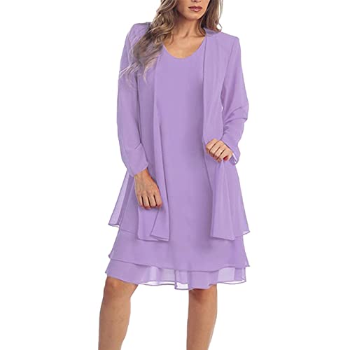 Abendkleider Elegant,Western Kleider Damen Chiffon Kleider Damen Abendkleider Kurz Elegant Frauen Mode Zwei Stücke Charmant Solide Farbe Mutter Der Braut Spitze Kleider Strick Kleid(1-Lila,3XL) von MICKURY