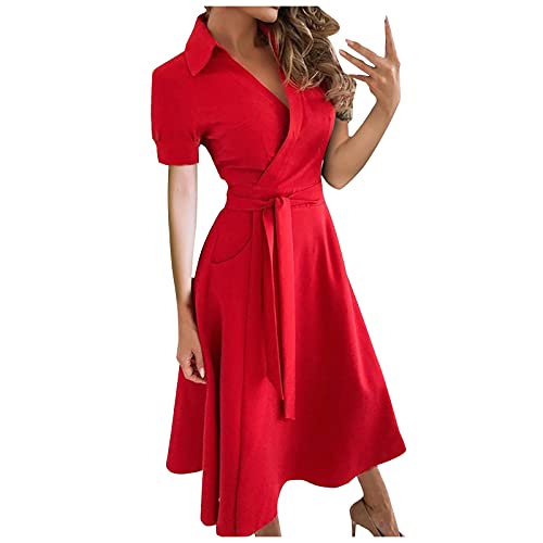 Abendkleider Elegant Für Hochzeit,Abendkleid Zur Hochzeitsfeier Brautkleid Boho A Line Kleider Für Damen Fashion Damen Casual Lapel Solid Color Short Sleeve Dresses Long Rö (6-Rot,L) von MICKURY