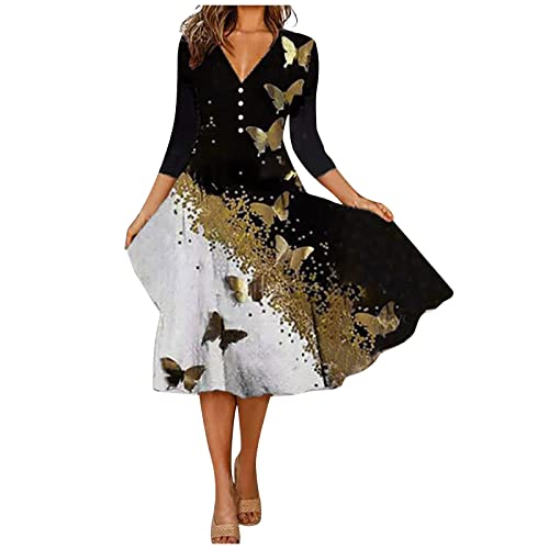 Abendkleider Mit Ärmeln,Italienische Kleider Kleider 60 Jahre Damen Abendkleid Festlich Damenmode V-Ausschnitt Bedruckte Knöpfe Elegantes Dreiviertel-Ärmel Swing Kleider Casual (Braun,XL) von MICKURY