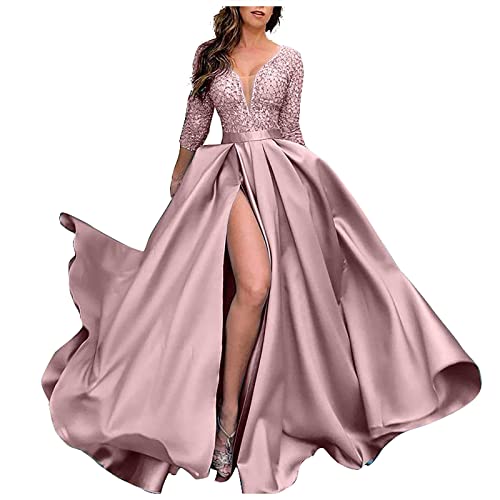 Abiballkleider weißes Abendkleid Sommerkleid Hochzeit Partykleider röcke Hoben leinenkleider Damen brautkleid mit ärmeln hochzeitskleid Langarm schwarzes Kleid Kleid samt brautkleid blau(Rosa,XXL) von MICKURY