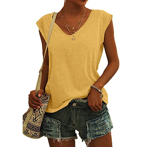 Bauchfreie Tops, Damen Tops Sommer Locker Gym Shirt Strick Pullunder V-Ausschnitt T-Shirt Beiläufige Kappe Ärmel Weste Solide Lose Bluse Fit Tank Tops Poloshirt Mit ßverschluss (Gelb,L) von MICKURY