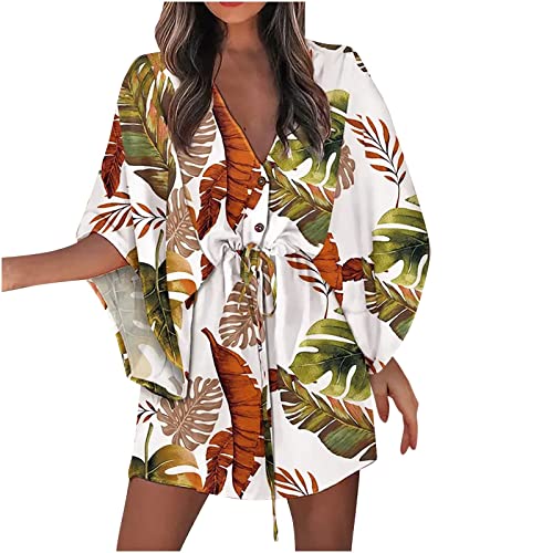 Brautkleider Hochzeitskleider,Kleid Damen Elegant Kleider Boho Style Brautkleid Vintage Damen Sommer 3/4 Sleeve V Neck Holiday Dress Boho Print Drawstring Sun Beach Kleider (3-Beige,M) von MICKURY